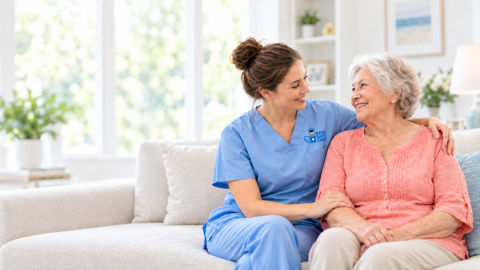 A professional caregiver sharing a warm moment with an older woman at home